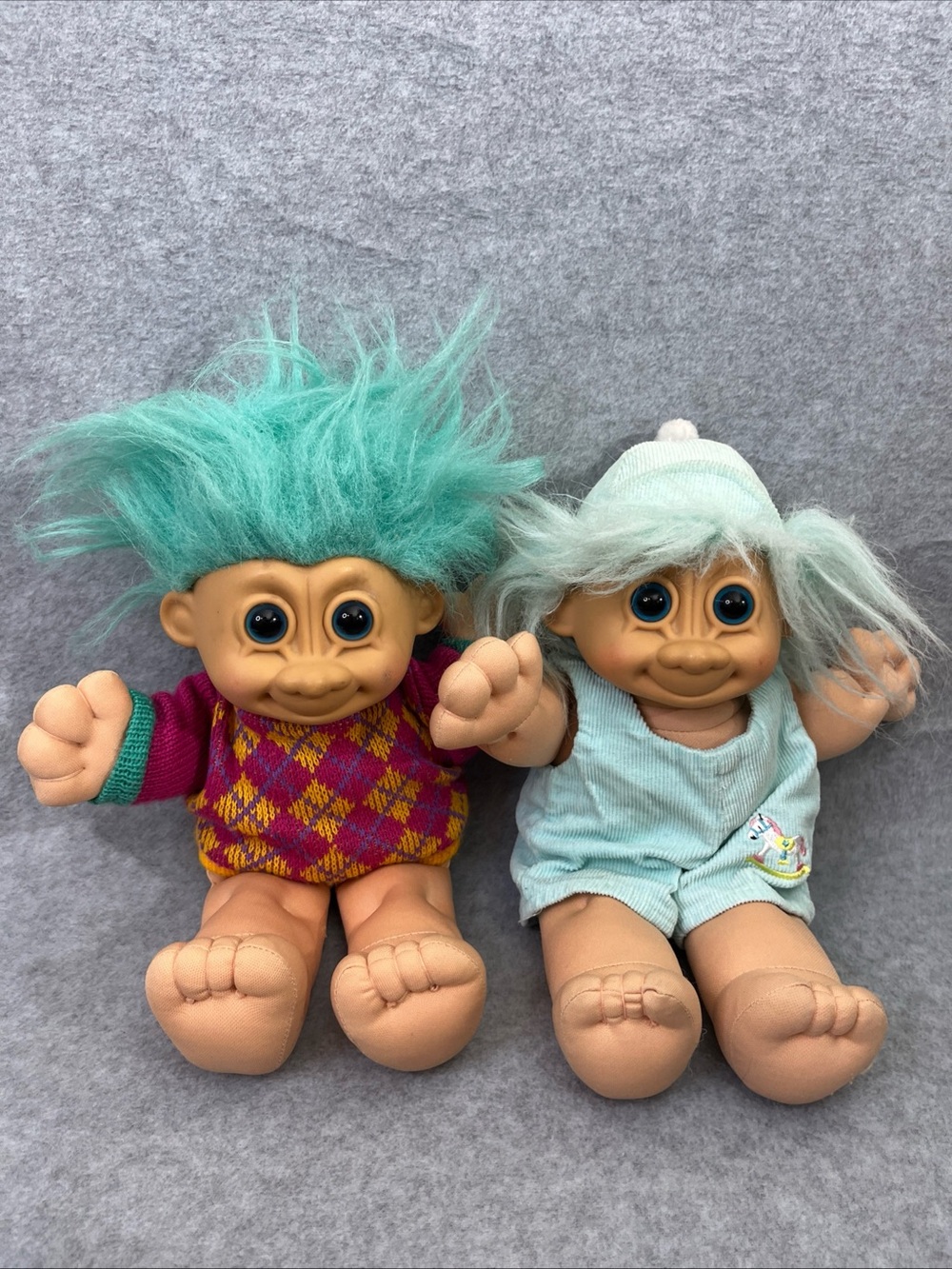Vintage Russ TROLL KIDZ Soft Body DOLL Blue Hair Corduroy Collectible Set Of 2